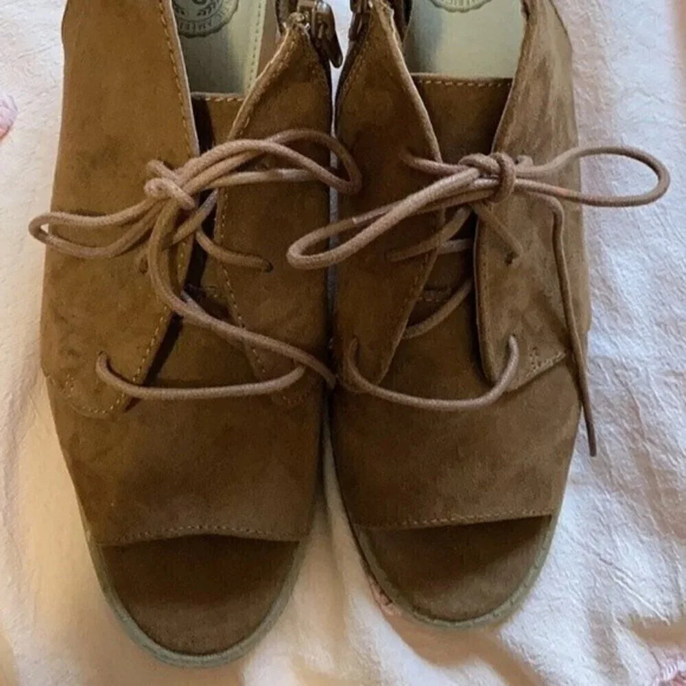 Brown suede peep toe wedge heels